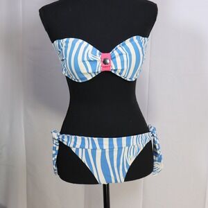 Lilly Pulitzer Blue White Striped Bandeau Bikini with Pink Accent